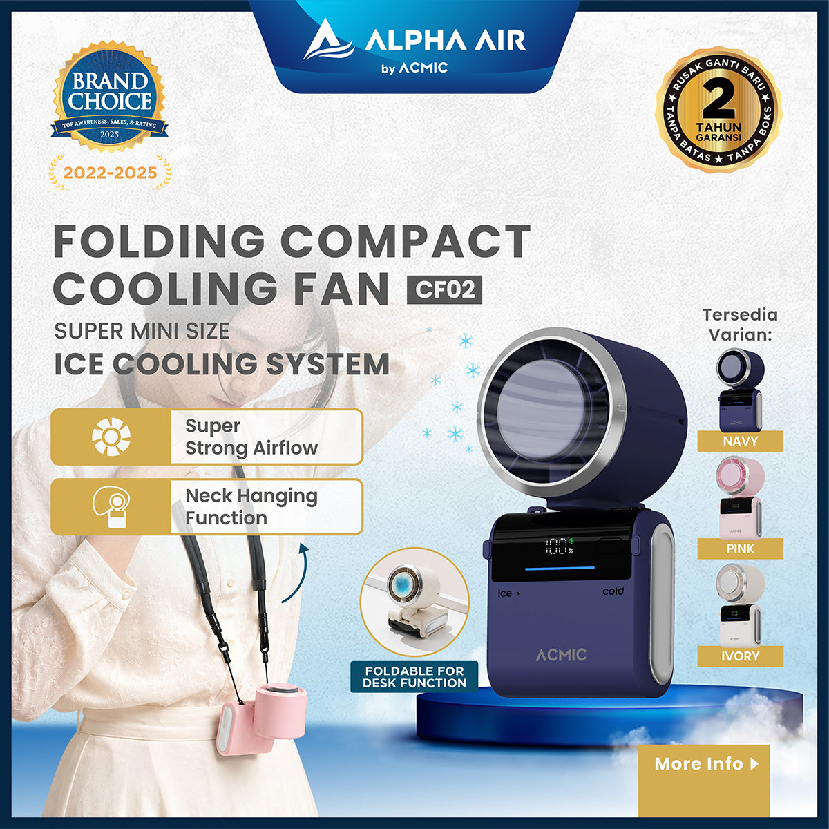ACMIC FOLDING COMPACT COOLING FAN CF02 Kipas Angin Portable Lipat With Ice Cooling System, Neck Hanging & Desk Function