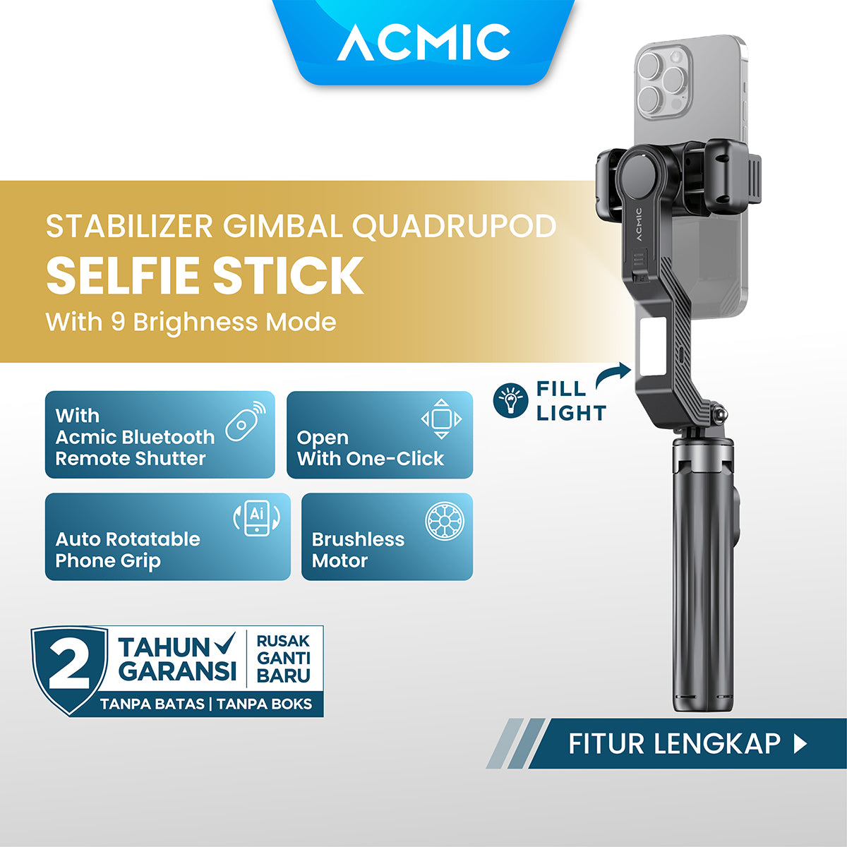 ACMIC GOFLOW Stabilizer Gimbal Quadrupod Selfie Stick Tripod Quadpod 4 Kaki Fill Light 1M (100cm)