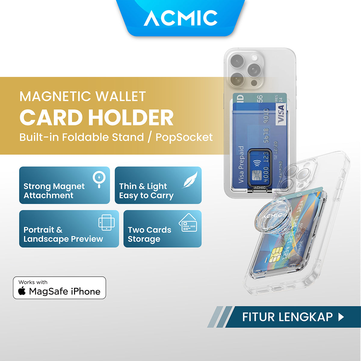ACMIC MAGWALLET Magnetic Magsafe Slim Card Holder Built in Phone Stand Dompet Kartu ST01 / with PopSocket PS01
