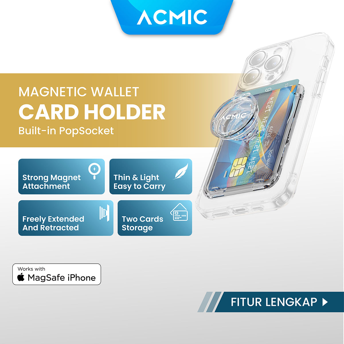 ACMIC MAGWALLET Magnetic Magsafe Slim Card Holder Built in Phone Stand Dompet Kartu ST01 / with PopSocket PS01