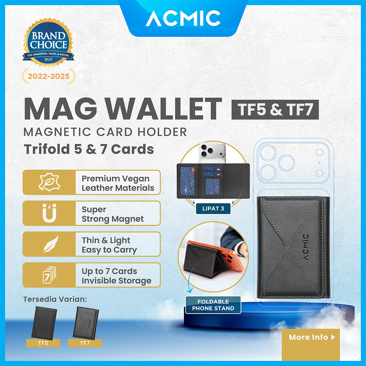 ACMIC MAGWALLET TF5 TF7 Trifold 5 Cards 7 Cards Magnetic Magsafe Slim Card Holder Built in Phone Stand Dompet Kartu