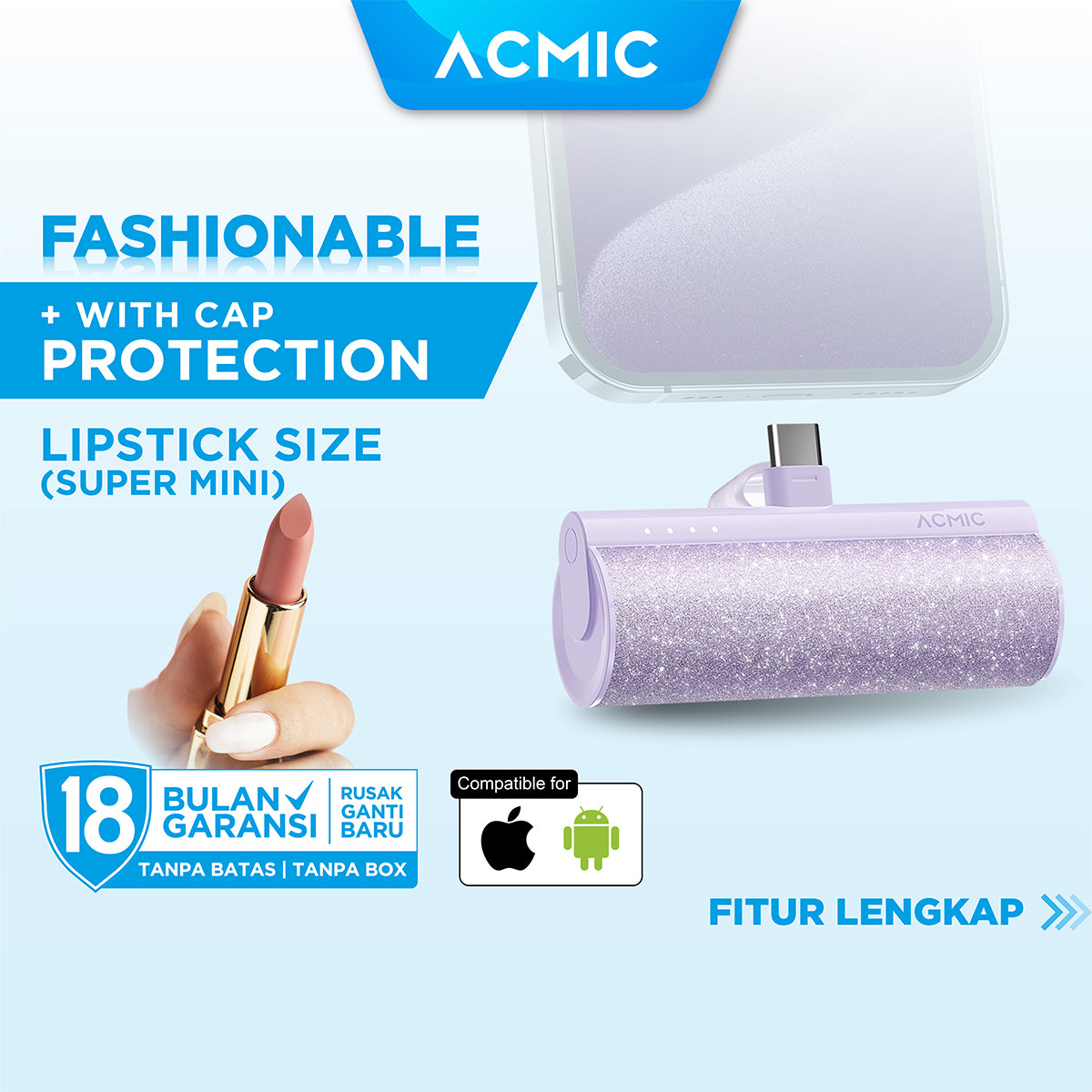 ACMIC MINIGLOW Fashion Mini Powerbank Type C iPhone Samsung Android
