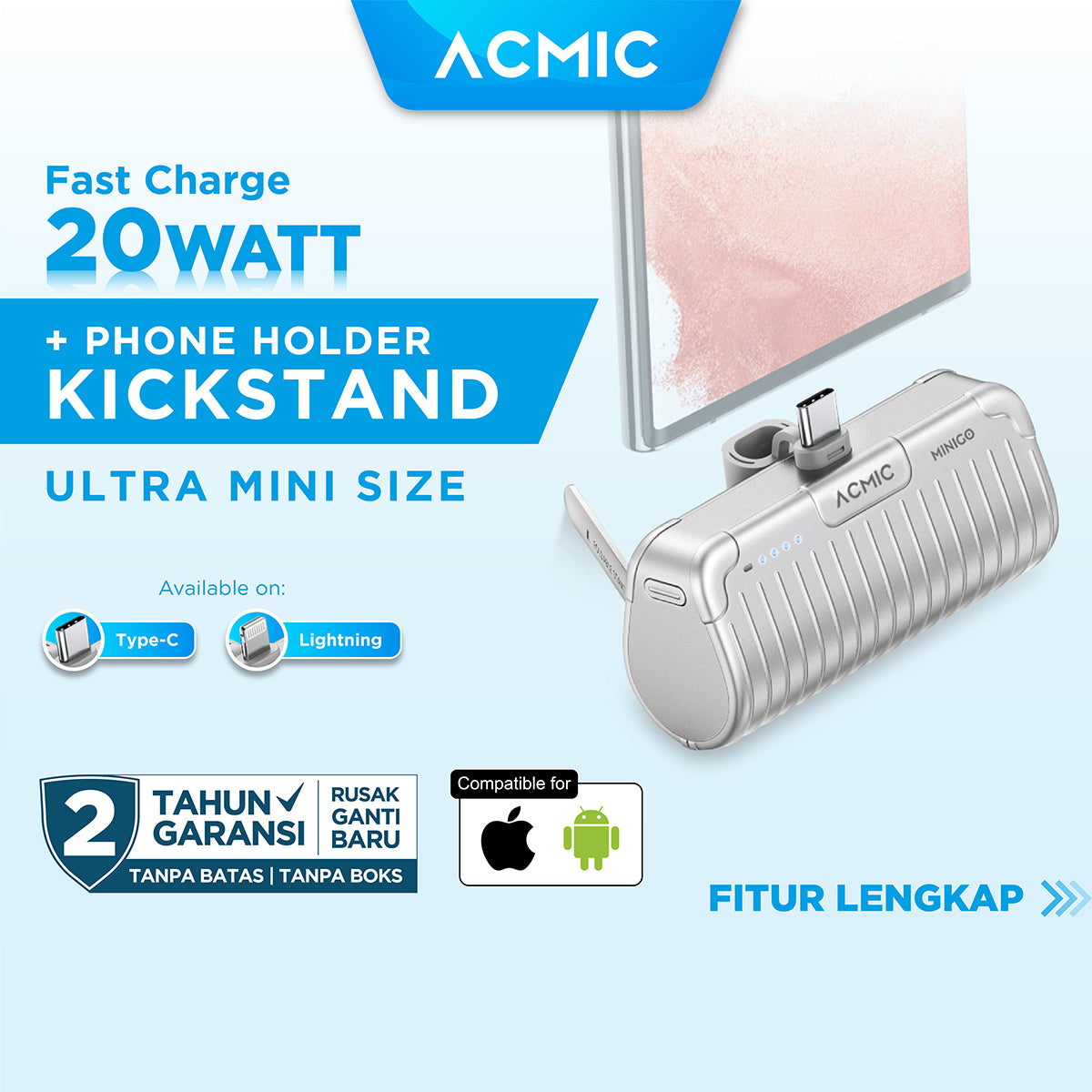 ACMIC MINIGO Mini PowerBank + Phone Holder USB Type C or iPhone Lightning  PD Fast Charging 20 Watt