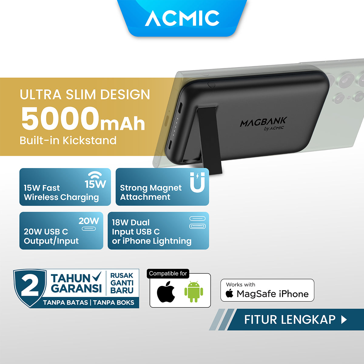 ACMIC MAGBANK 5000mAh Powerbank Magsafe Wireless 20W Fast Charging for iPhone