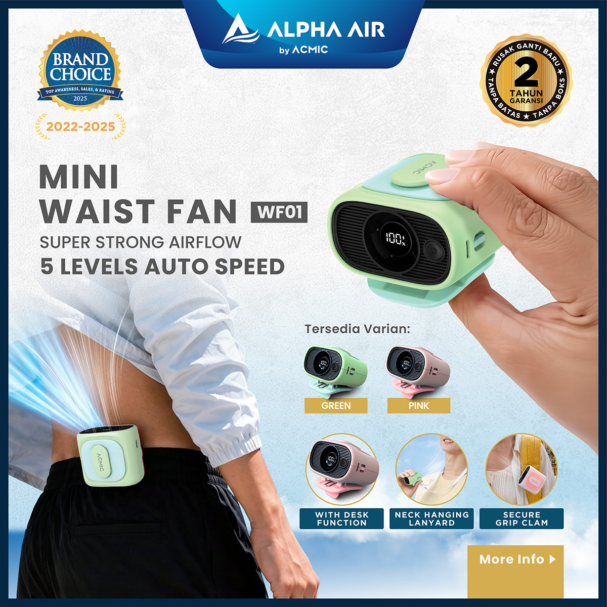 ACMIC MINI WAIST FAN WF01 Kipas Angin Portable Super Strong Airflow with Desk Function