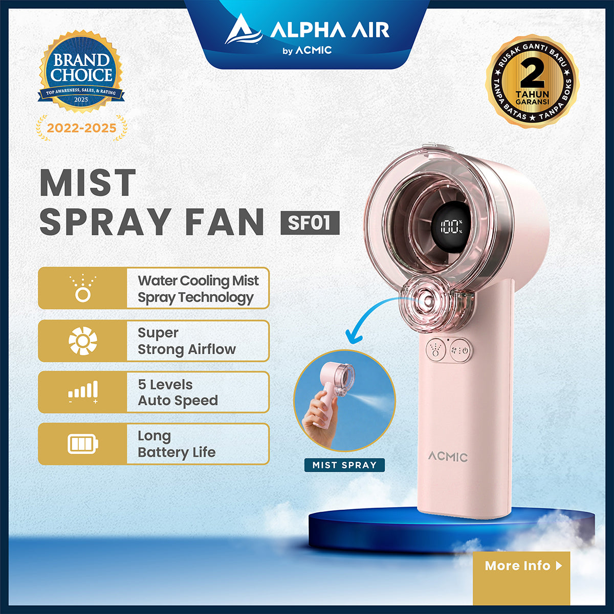 ACMIC MIST SPRAY FAN SF01 Kipas Angin AC Mini Portable Digital Display Super Strong Cooling Airflow dengan Mist Spray