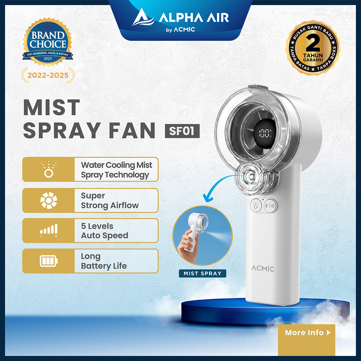 ACMIC MIST SPRAY FAN SF01 Kipas Angin AC Mini Portable Digital Display Super Strong Cooling Airflow dengan Mist Spray