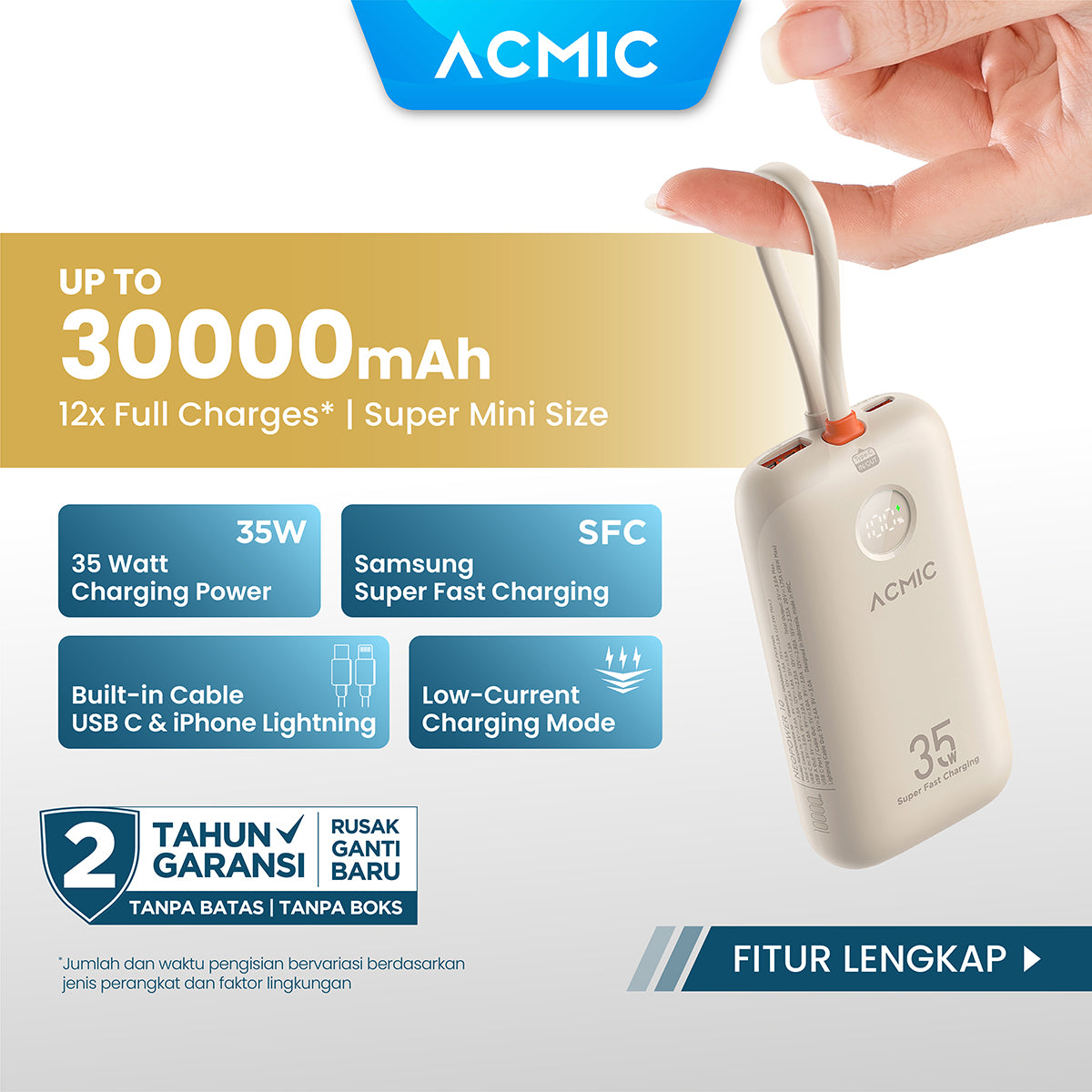 ACMIC NEOPOWER Super Mini 35W Power Bank with Super Fast Charging for Samsung built-in Cable Type C & iPhone Lightning 10000mAh 20000mAh 30000mAh