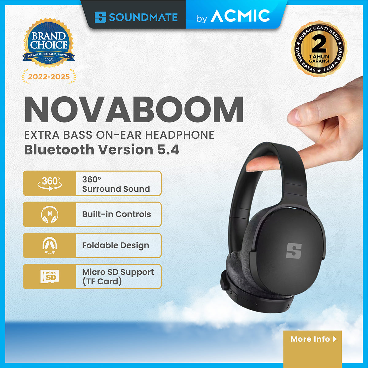 ACMIC NOVABOOM Bluetooth Wireless Headphone Headset Bluetooth 5.4 Extra Bass Built-in Controls