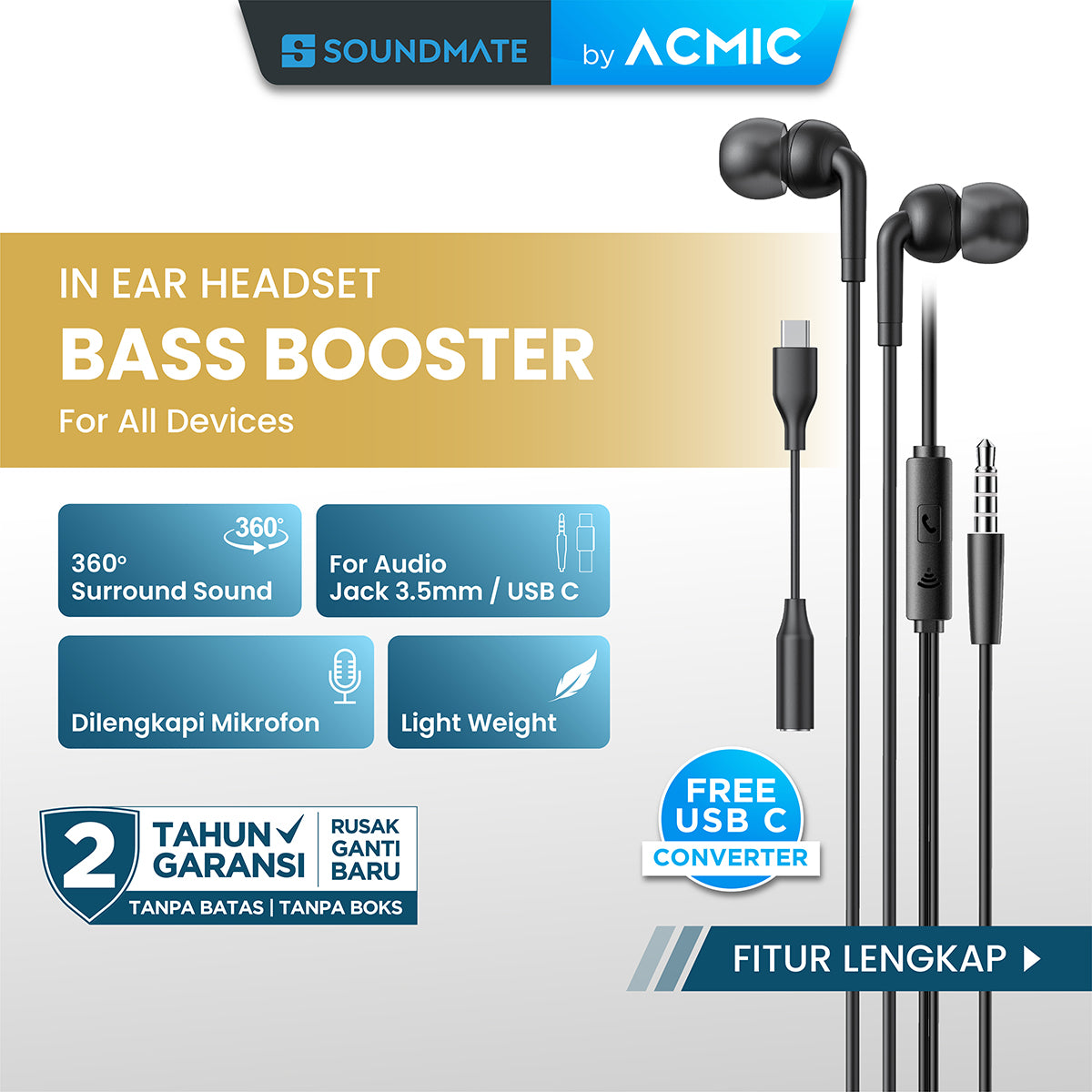 ACMIC OMNIO In-Ear Headset Earphone Earbuds Headphone Stereo with Mic FREE Converter USB C