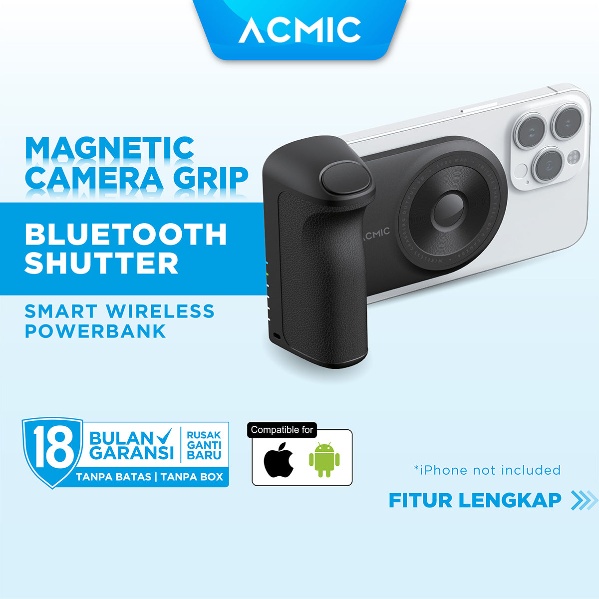 ACMIC SNAPCAM SC5 Magnetic Camera Grip + Powerbank Wireless with USB Type C + Bluetooth Camera Shutter + Phone Holder for iPhone & Android