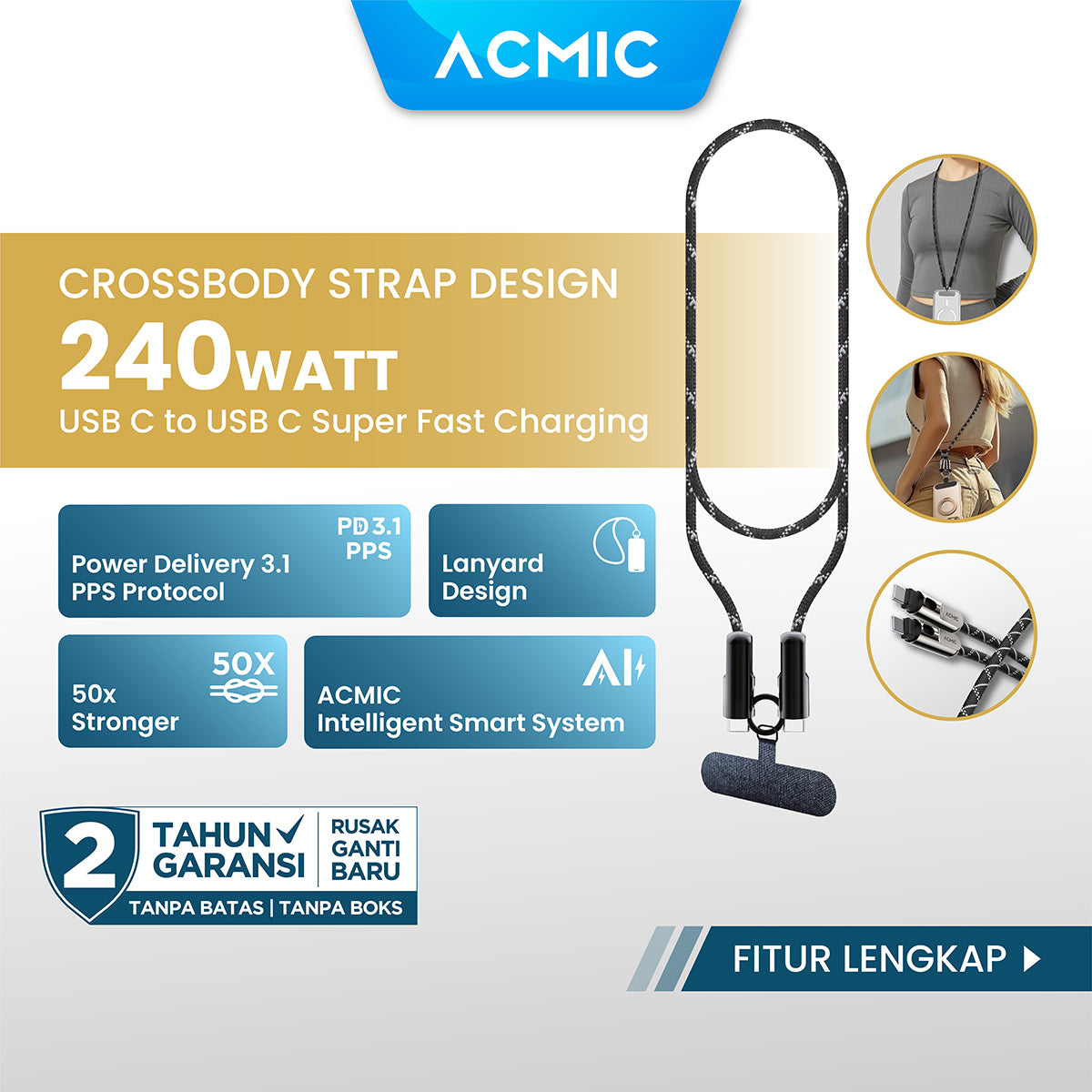 ACMIC STRAPLINE 240W Crossbody Strap Phone Lanyard Design Kabel Data USB-C to USB-C PD 3.1 Power Delivery Fast Charging