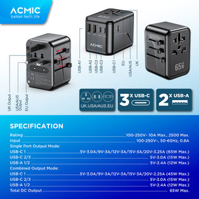 ACMIC TAC65 Travel Adapter Universal GaN 65watt Adaptor Fast Charging