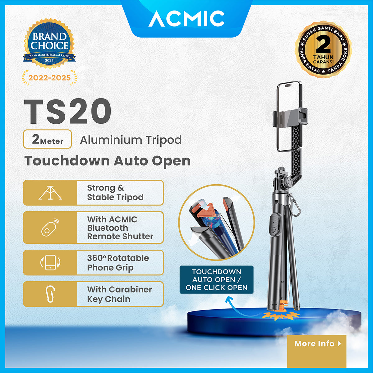 ACMIC TS20 Touchdown Auto Open One Click Selfie Stick 2M Aluminium Tripod Tongsis Bluetooth Remote