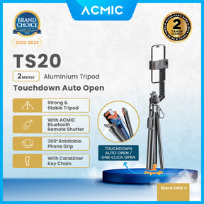 ACMIC TS20 Touchdown Auto Open One Click Selfie Stick 2M Aluminium Tripod Tongsis Bluetooth Remote
