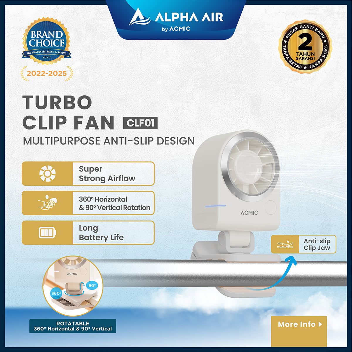 ACMIC TURBO CLIP FAN CLF01 Kipas Angin Portable Multifungsi dengan Anti-Slip Clip Super Strong Airflow