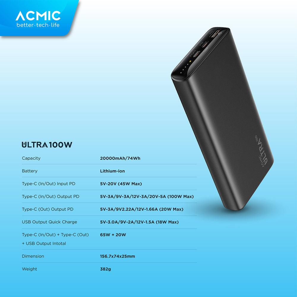 Acmic ACMIC ULTRA 20000mAh Powerbank 100W Type C Super Fast Charging Laptop