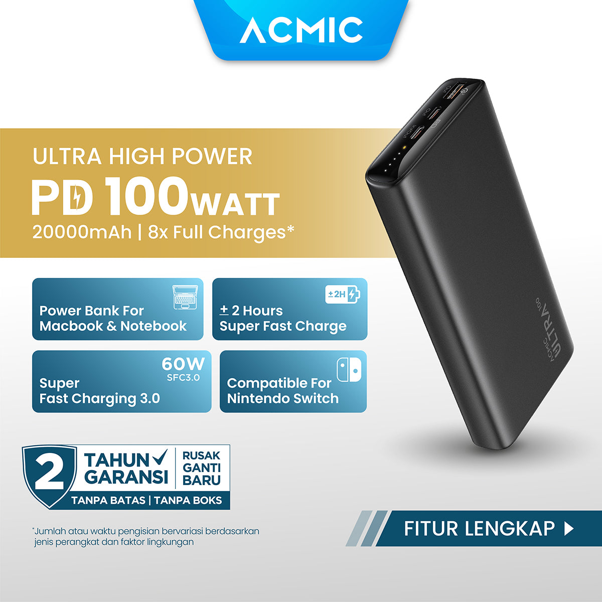 ACMIC ULTRA 20000mAh Powerbank 100W Type C Super Fast Charging Laptop