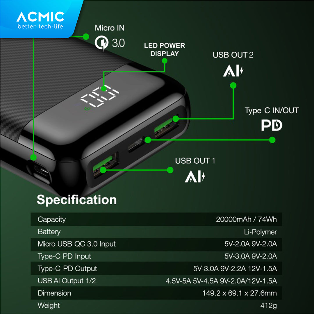 ACMIC F20PRO 20000mAh AiCharge Digital Power Bank (QC4 + PD + VOOC)