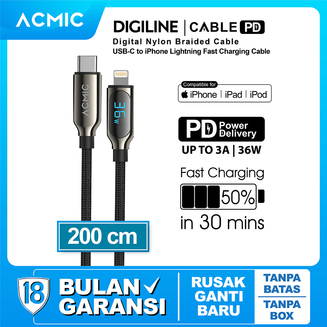 ACMIC DIGILINE USB C to Lightning Cable PD Fast Charging LED DISPLAY - 2 Meter