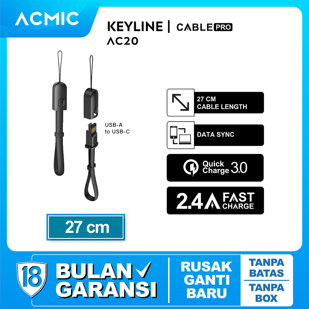 ACMIC KeyLine Kabel Data Charger 20cm Fast Charging Lanyard Cable - USB to C AC20