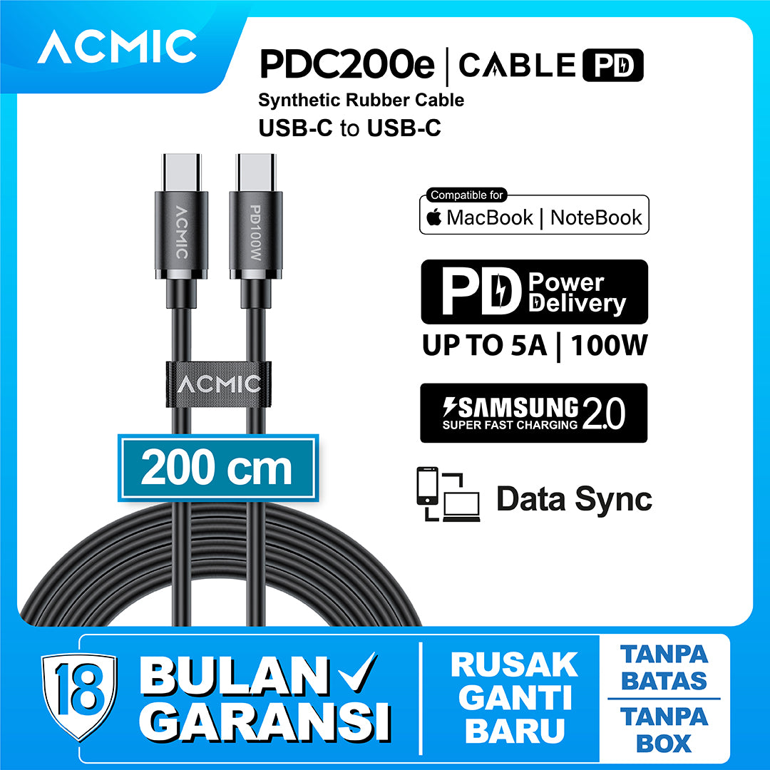 ACMIC PDC200e Cable 2M USB C to USB C Power Delivery PD 100W